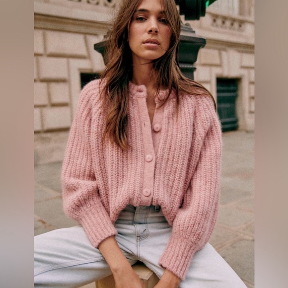 Sezane Emile Cardigan Mottled Pink Alpaca Wool Slightly Puffed Sleeves Medium - Picture 2 of 11